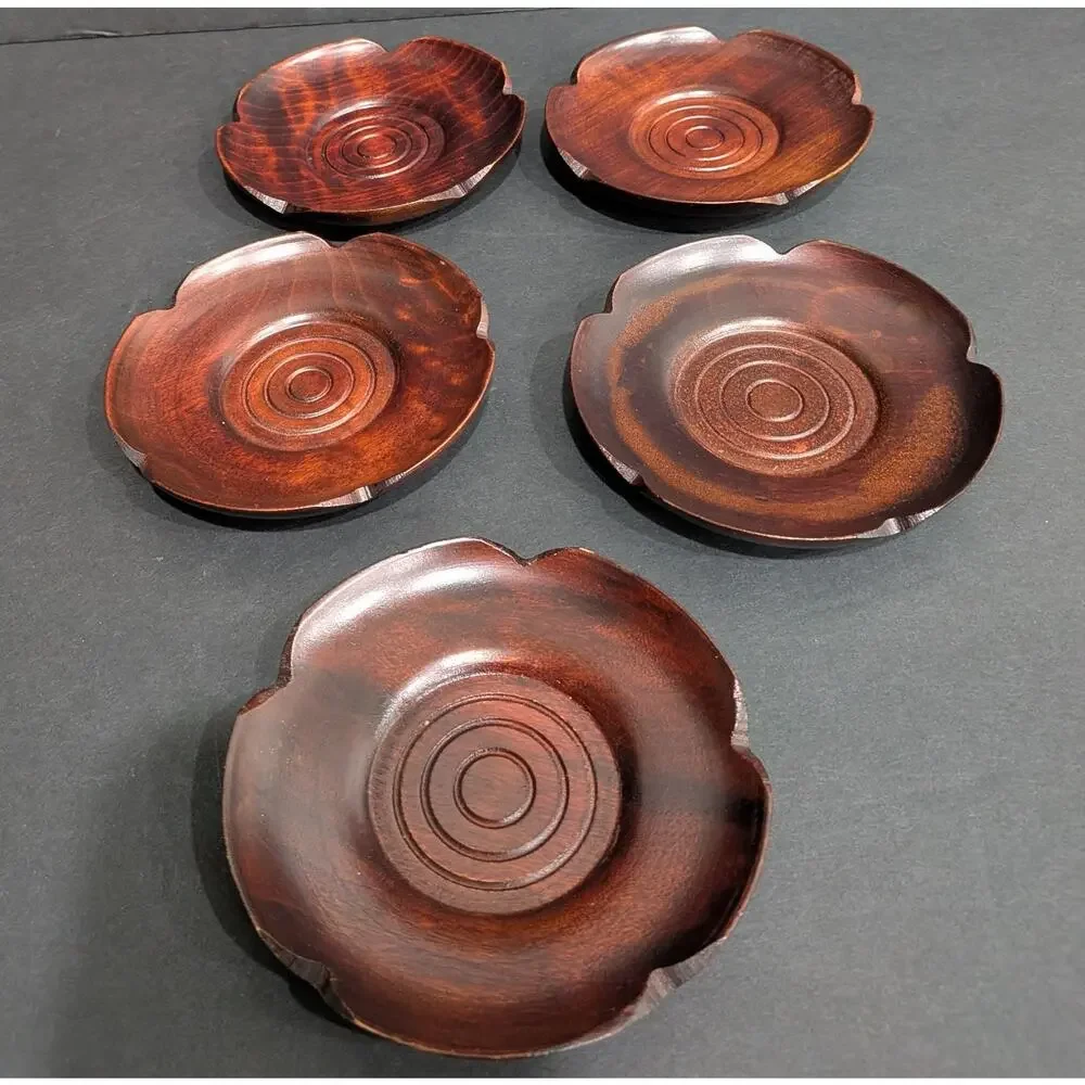 Vintage Japanese Wooden Chataku Tea Coasters Saucers Set of 5 Flower Shape 4